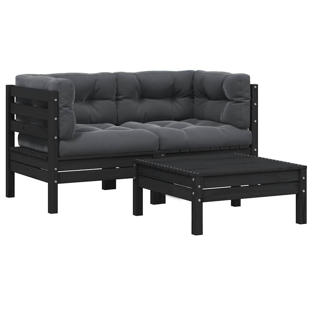 3-delige Loungeset met kussens massief grenenhout zwart is nu te koop bij PeponiXL, paradijselijk wonen!