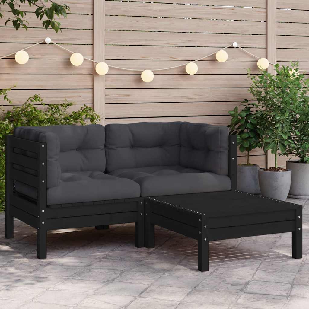 3-delige Loungeset met kussens massief grenenhout zwart is nu te koop bij PeponiXL, paradijselijk wonen!
