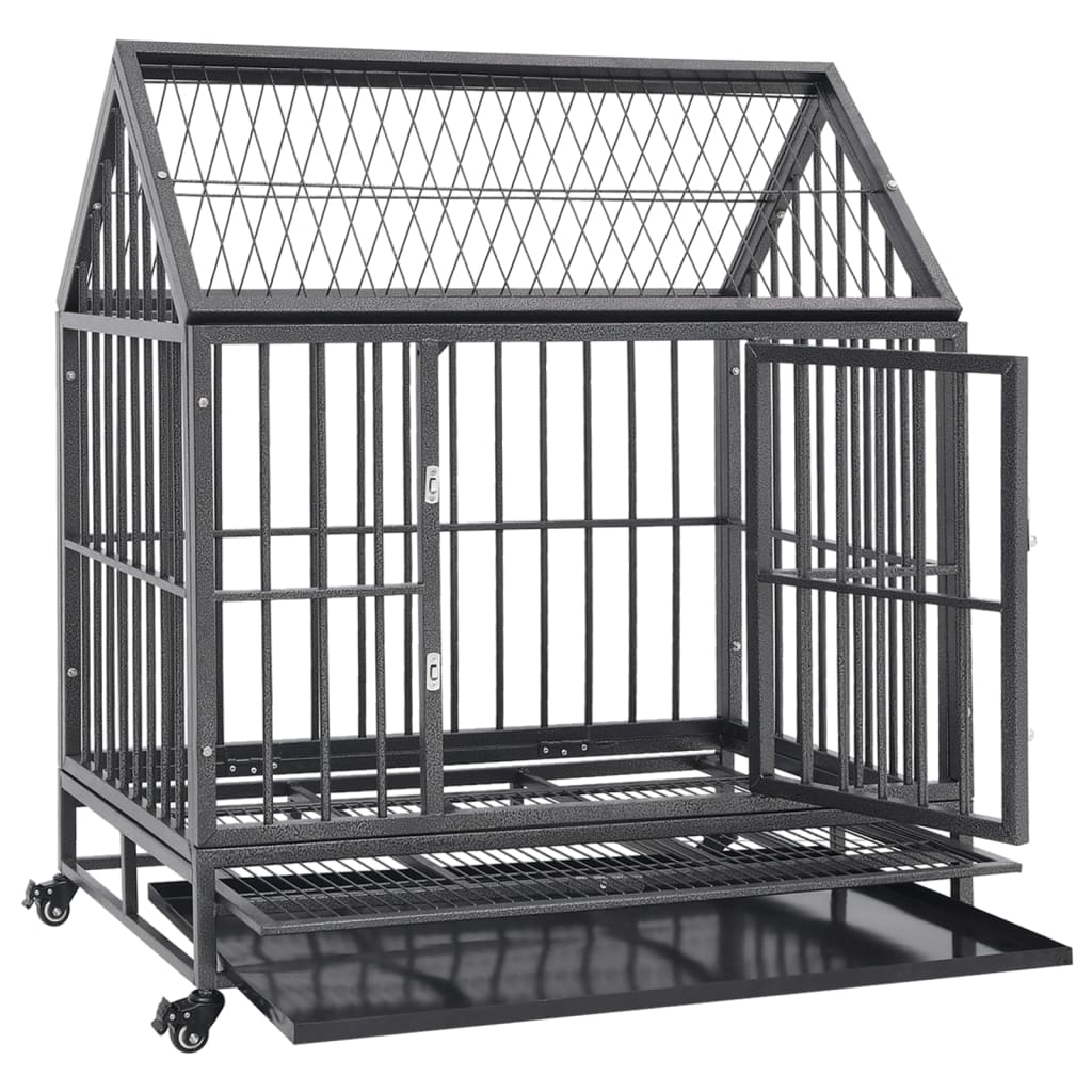 Hondenbench met wielen en dak 92x62x106 cm staal is nu te koop bij PeponiXL, paradijselijk wonen!