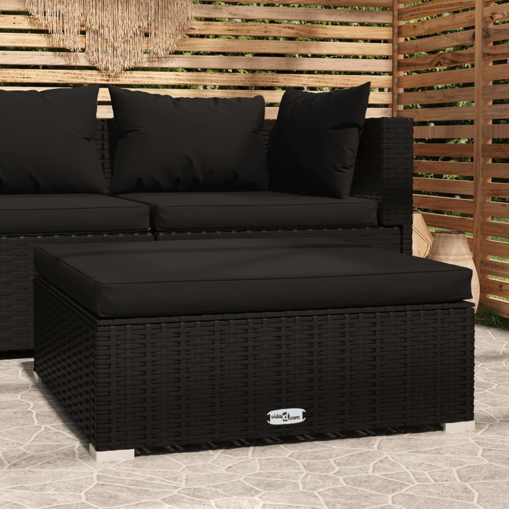 Voetensteun met kussen 70x70x30 cm poly rattan zwart is nu te koop bij PeponiXL, paradijselijk wonen!