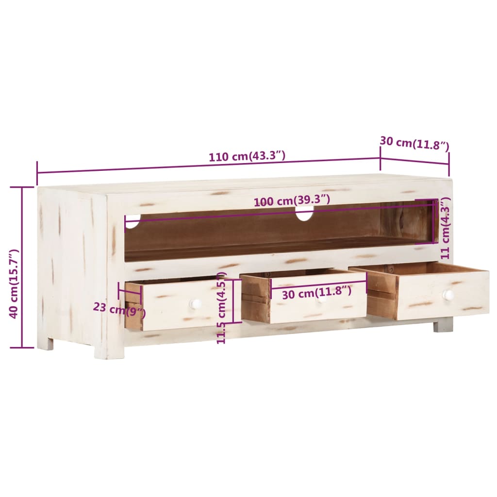 Tv-meubel 110x30x40 cm massief acaciahout wit is nu te koop bij PeponiXL, paradijselijk wonen!