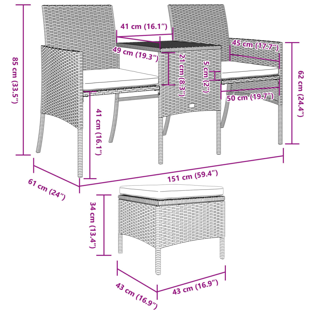Tuinbank 2-zits met tafel en voetenbanken poly rattan bruin is nu te koop bij PeponiXL, paradijselijk wonen!
