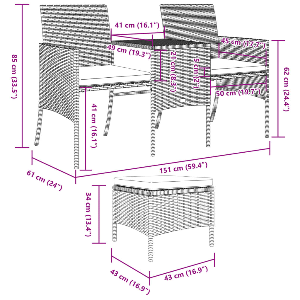 Tuinbank 2-zits met tafel en voetenbanken poly rattan zwart is nu te koop bij PeponiXL, paradijselijk wonen!