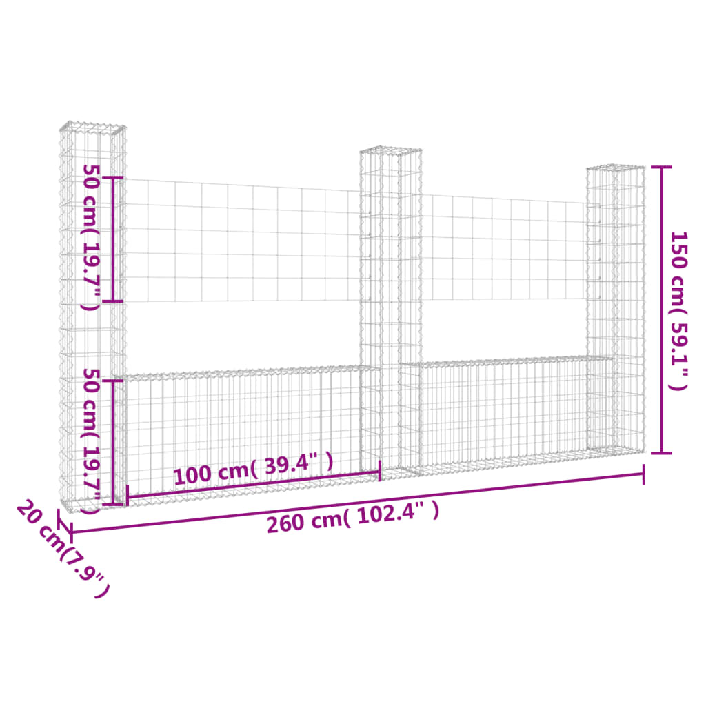 Schanskorf U-vormig met 3 palen 260x20x150 cm ijzer is nu te koop bij PeponiXL, paradijselijk wonen!