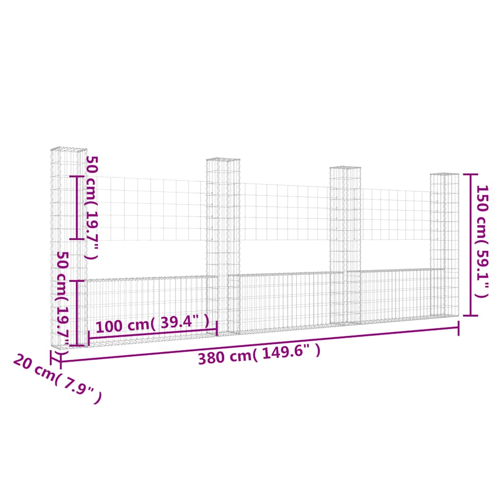 Schanskorf U-vormig met 4 palen 380x20x150 cm ijzer is nu te koop bij PeponiXL, paradijselijk wonen!
