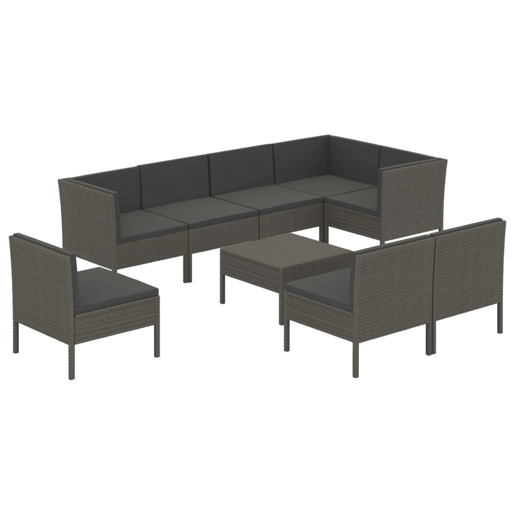 9-delige Loungeset met kussens poly rattan grijs