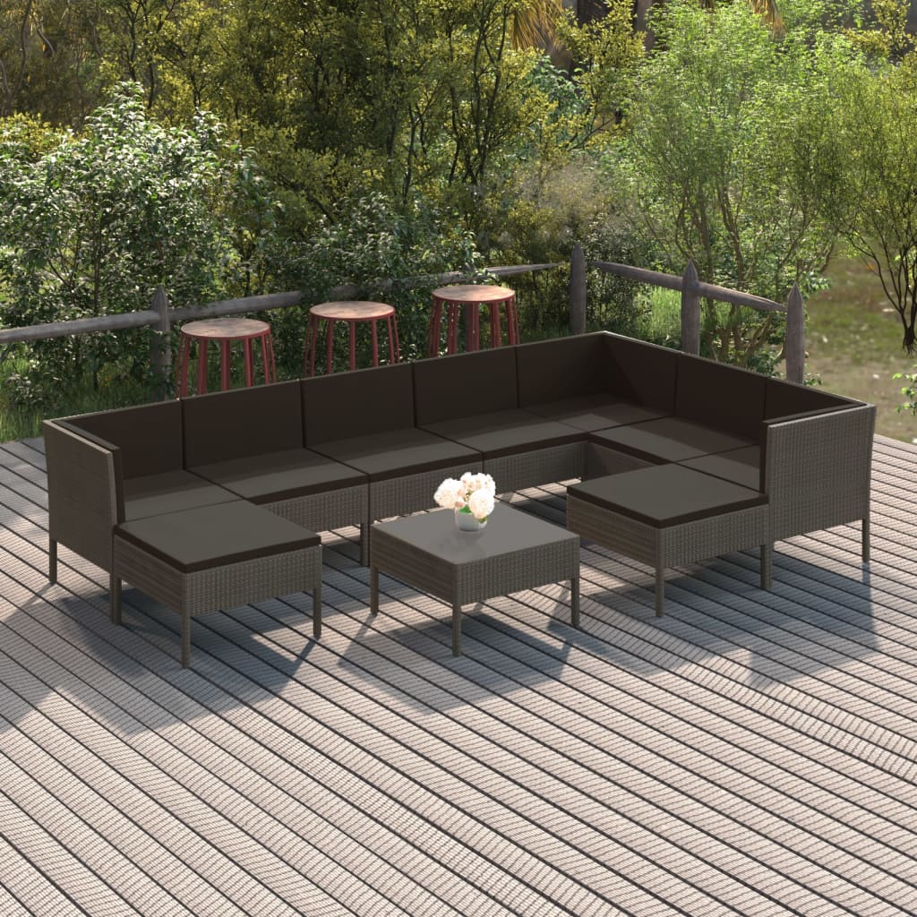 10-delige Loungeset met kussens poly rattan grijs is nu te koop bij PeponiXL, paradijselijk wonen!