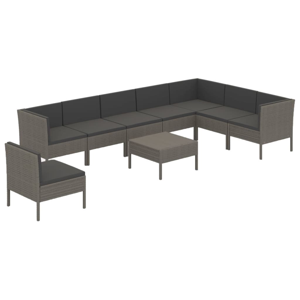 9-delige Loungeset met kussens poly rattan grijs