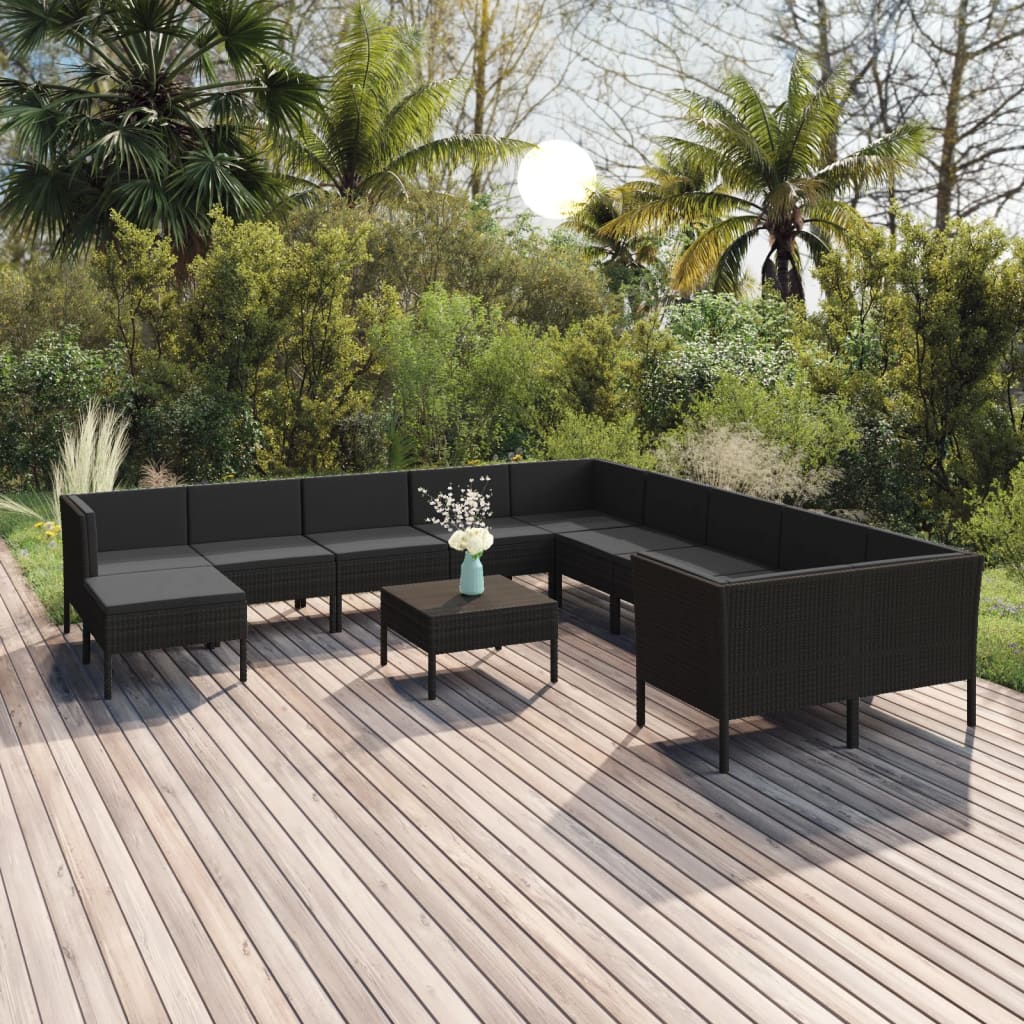 12-delige Loungeset met kussens poly rattan zwart is nu te koop bij PeponiXL, paradijselijk wonen!