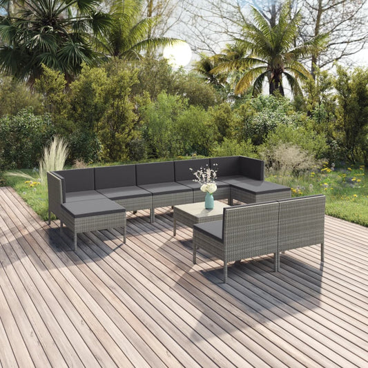10-delige Loungeset met kussens poly rattan grijs is nu te koop bij PeponiXL, paradijselijk wonen!
