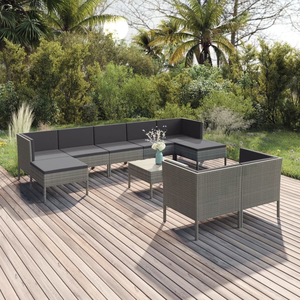 10-delige Loungeset met kussens poly rattan grijs is nu te koop bij PeponiXL, paradijselijk wonen!