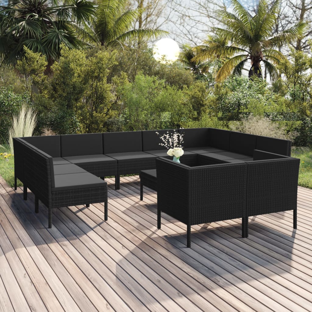 12-delige Loungeset met kussens poly rattan zwart is nu te koop bij PeponiXL, paradijselijk wonen!