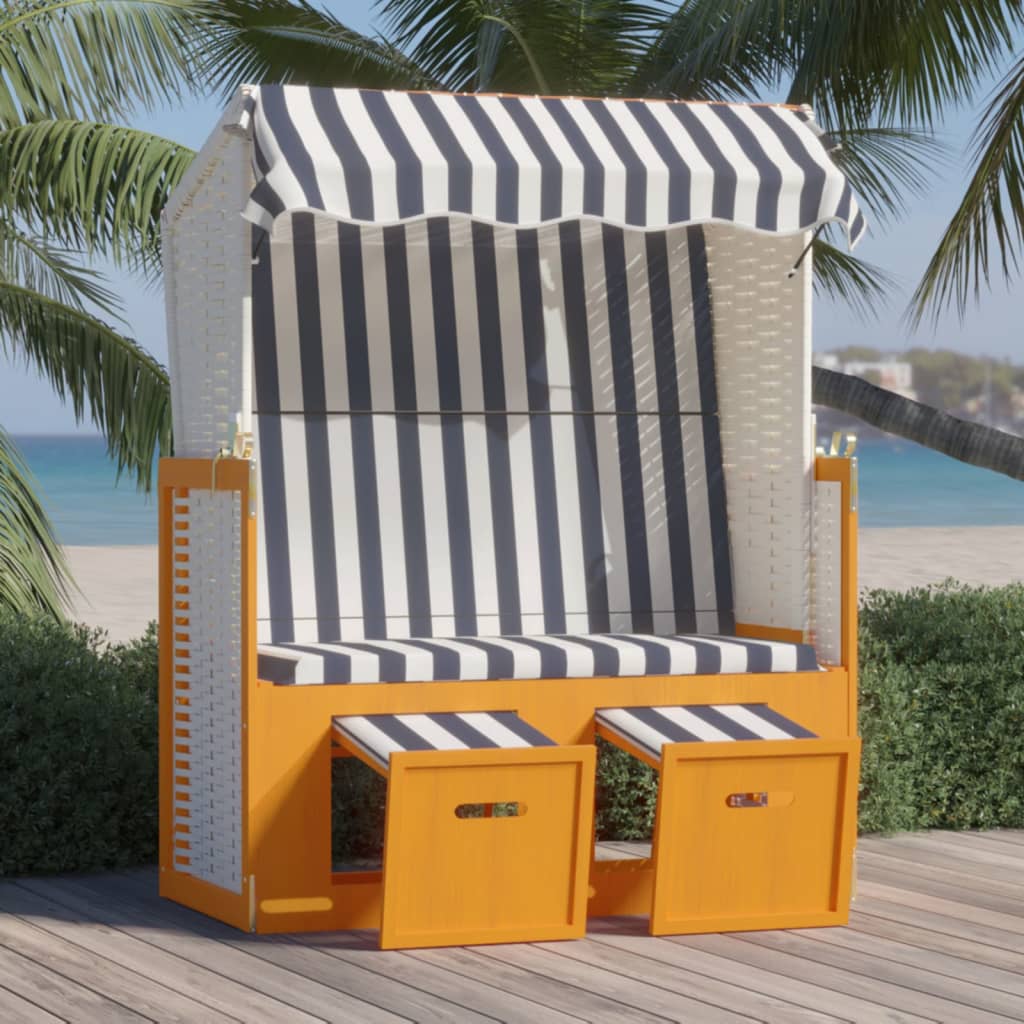 Strandstoel met luifel poly rattan en massief hout wit en blauw is nu te koop bij PeponiXL, paradijselijk wonen!
