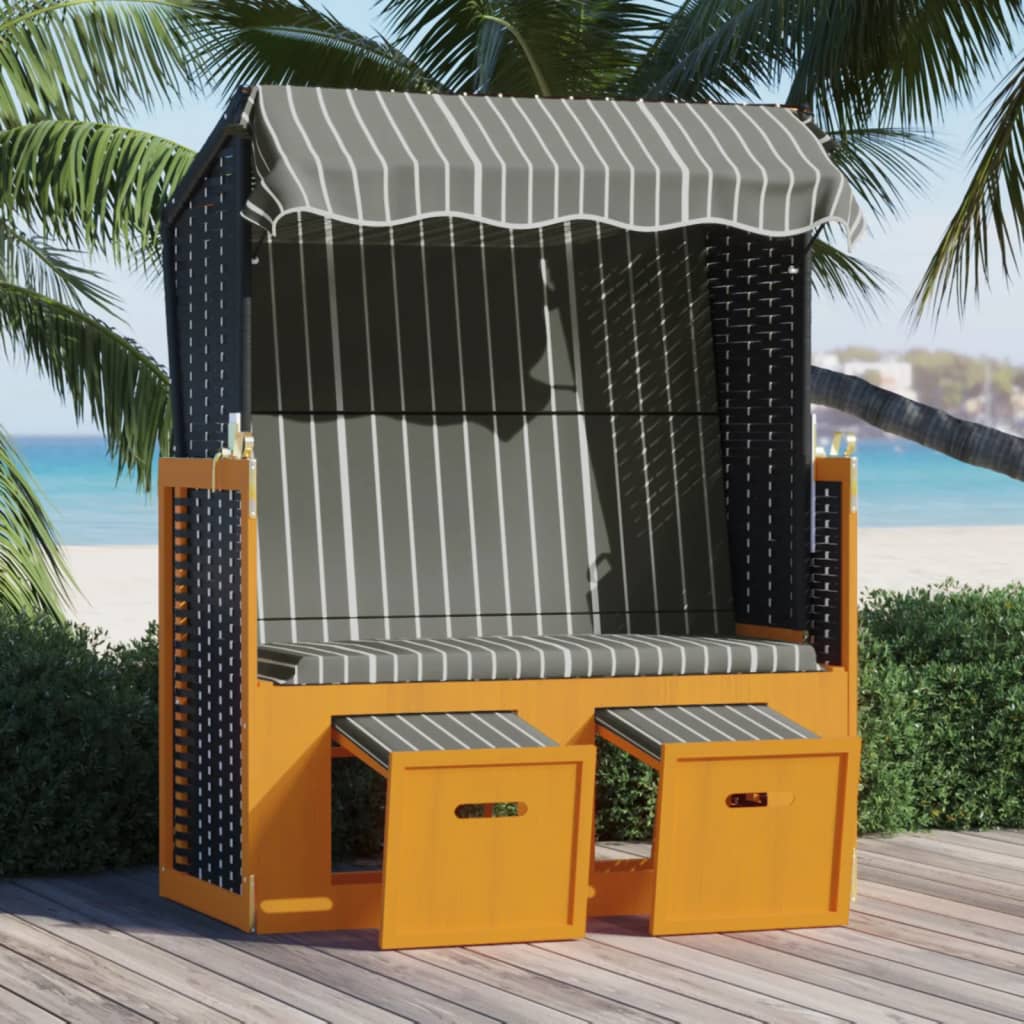 Strandstoel met luifel poly rattan en hout zwart en grijs is nu te koop bij PeponiXL, paradijselijk wonen!