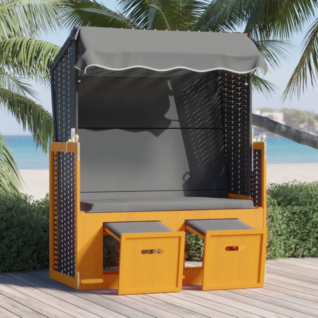 Strandstoel met luifel poly rattan en hout zwart en antraciet is nu te koop bij PeponiXL, paradijselijk wonen!