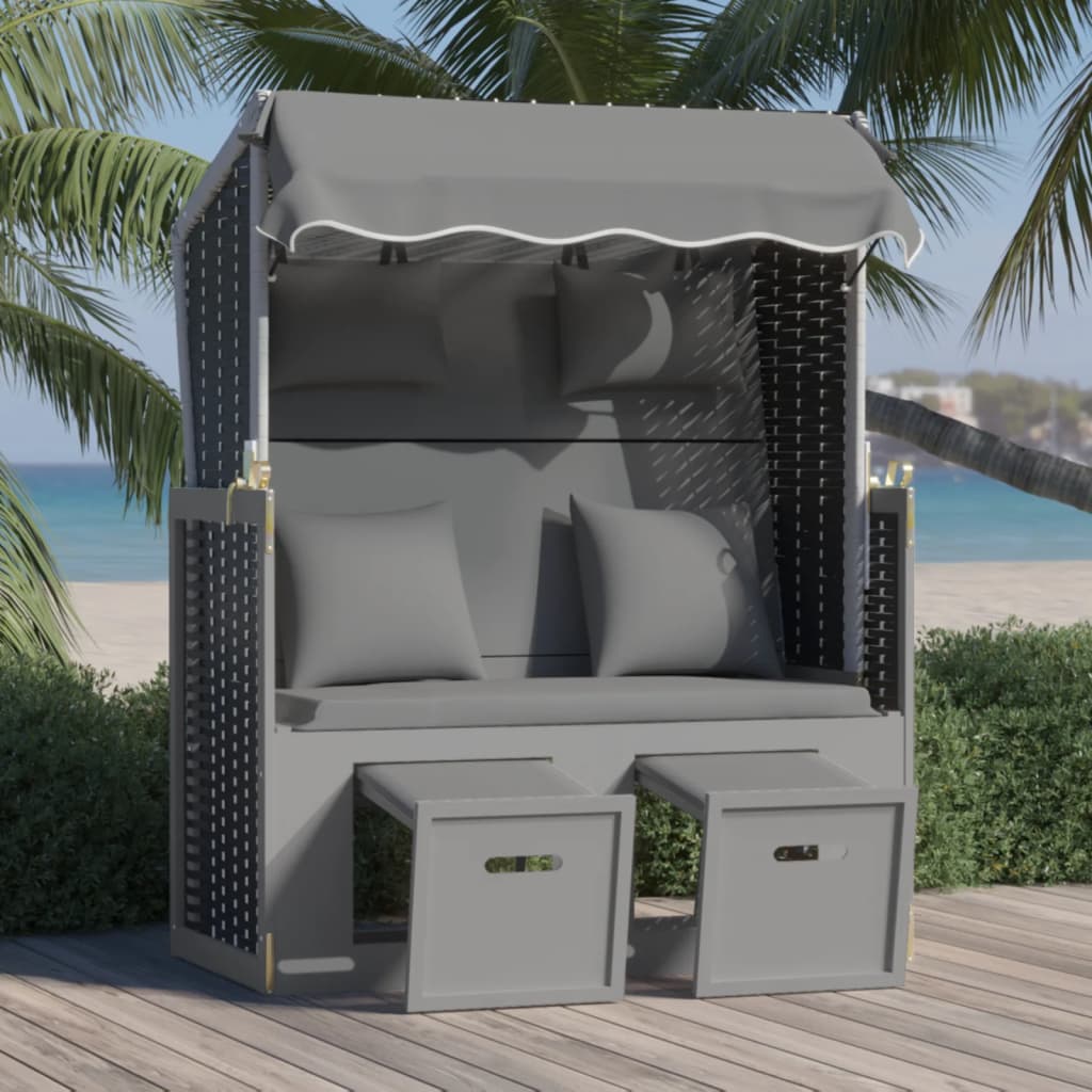 Strandstoel met kussen poly rattan en hout antraciet en zwart is nu te koop bij PeponiXL, paradijselijk wonen!