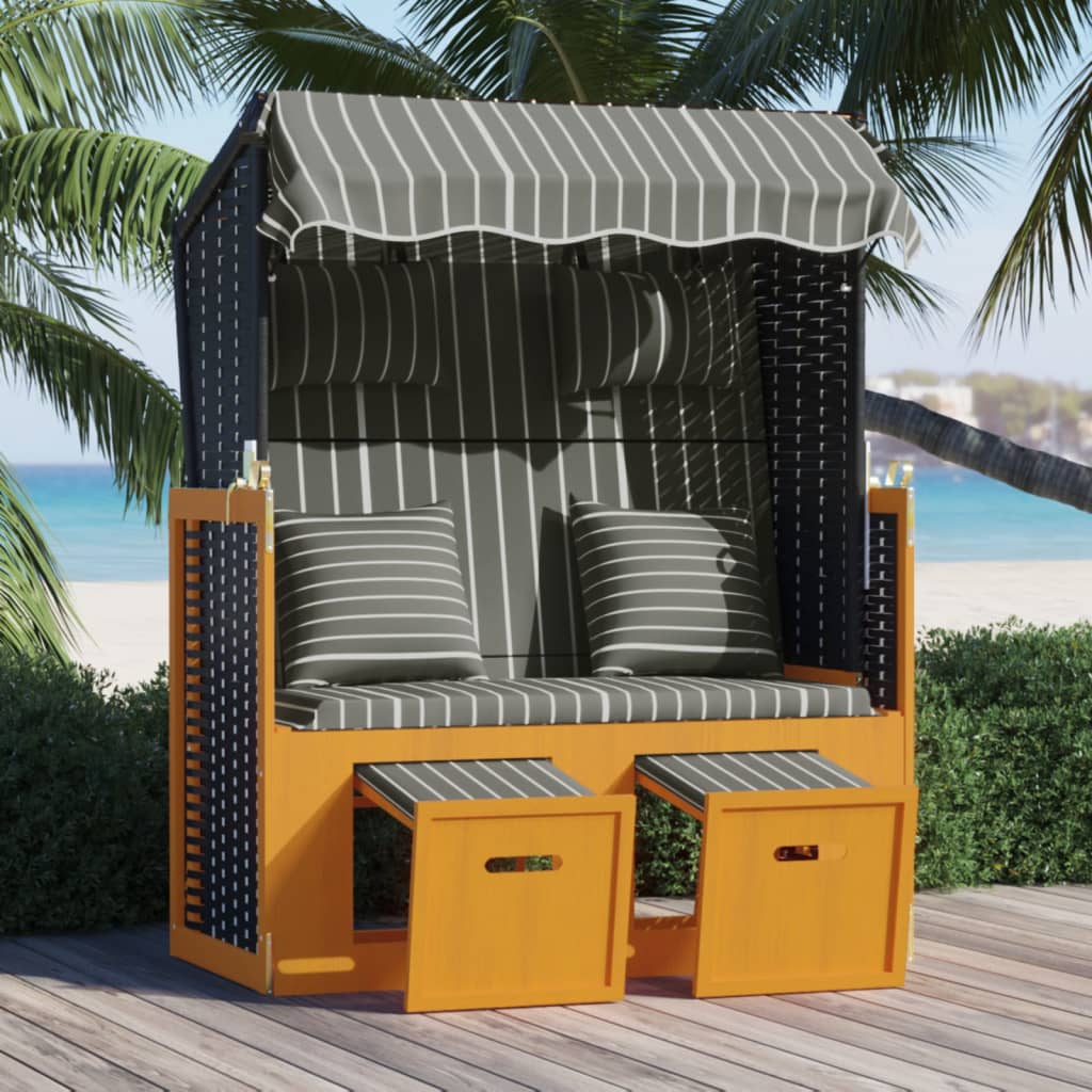 Strandstoel met kussens poly rattan en hout zwart en grijs is nu te koop bij PeponiXL, paradijselijk wonen!