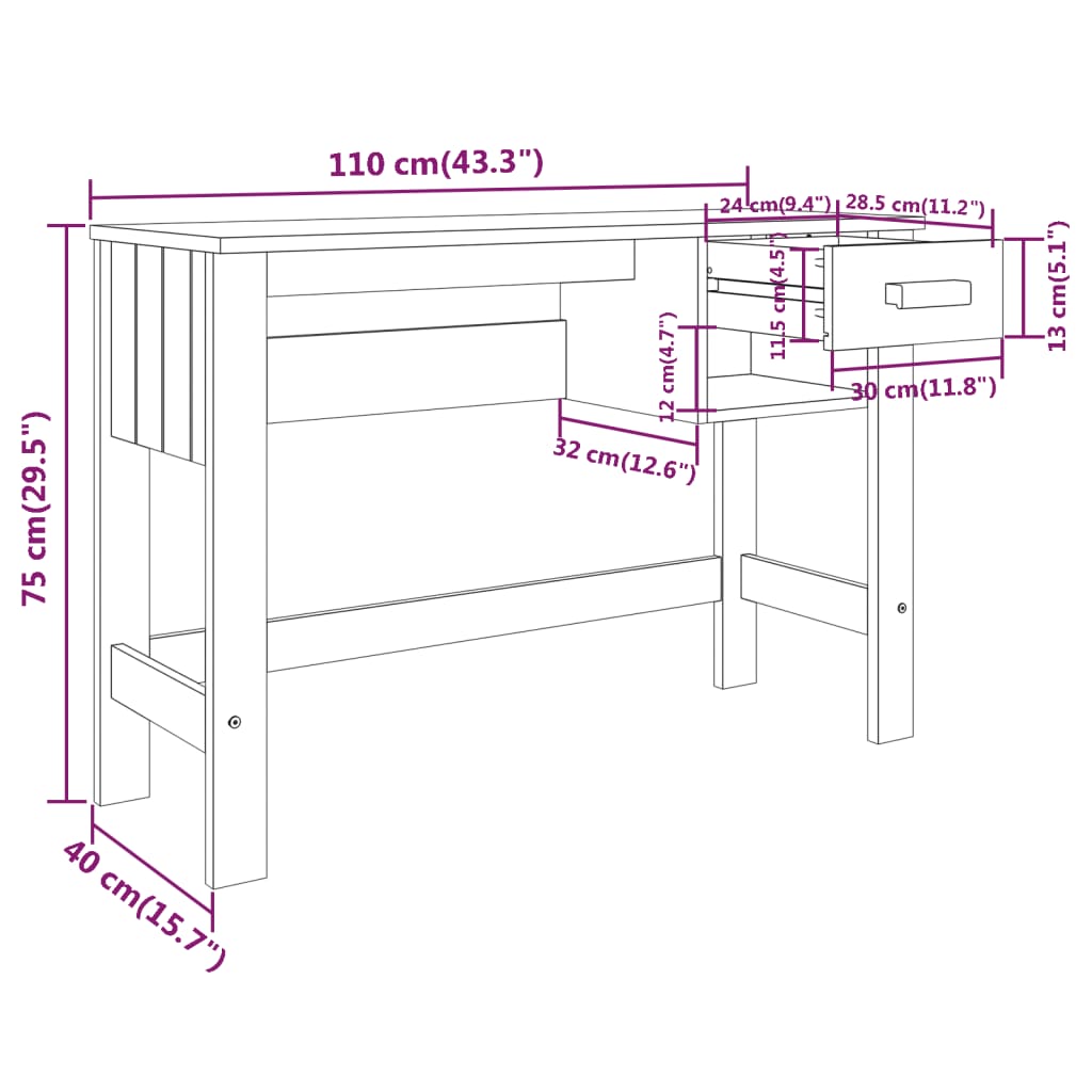 Bureau HAMAR 110x40x75 cm massief grenenhout honingbruin is nu te koop bij PeponiXL, paradijselijk wonen!