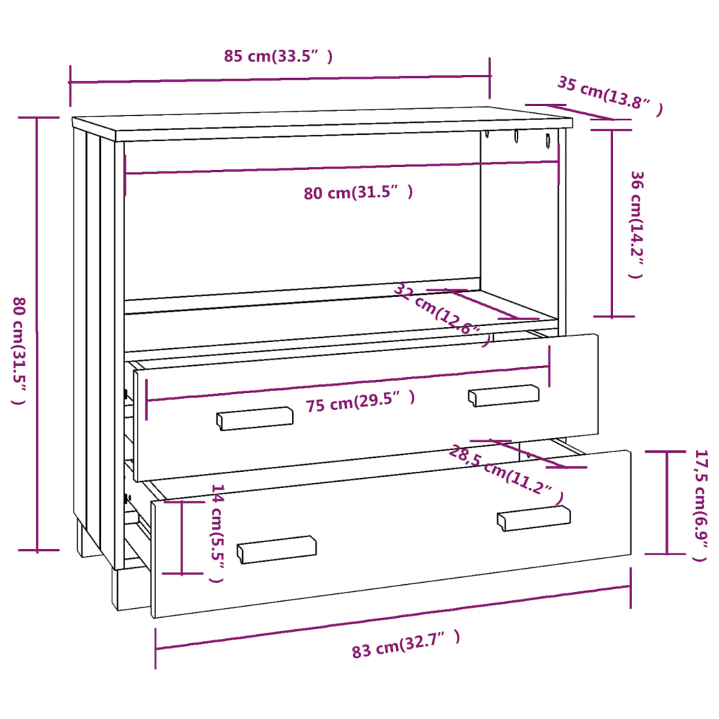 Dressoir HAMAR 85x35x80 cm massief grenenhout wit is nu te koop bij PeponiXL, paradijselijk wonen!