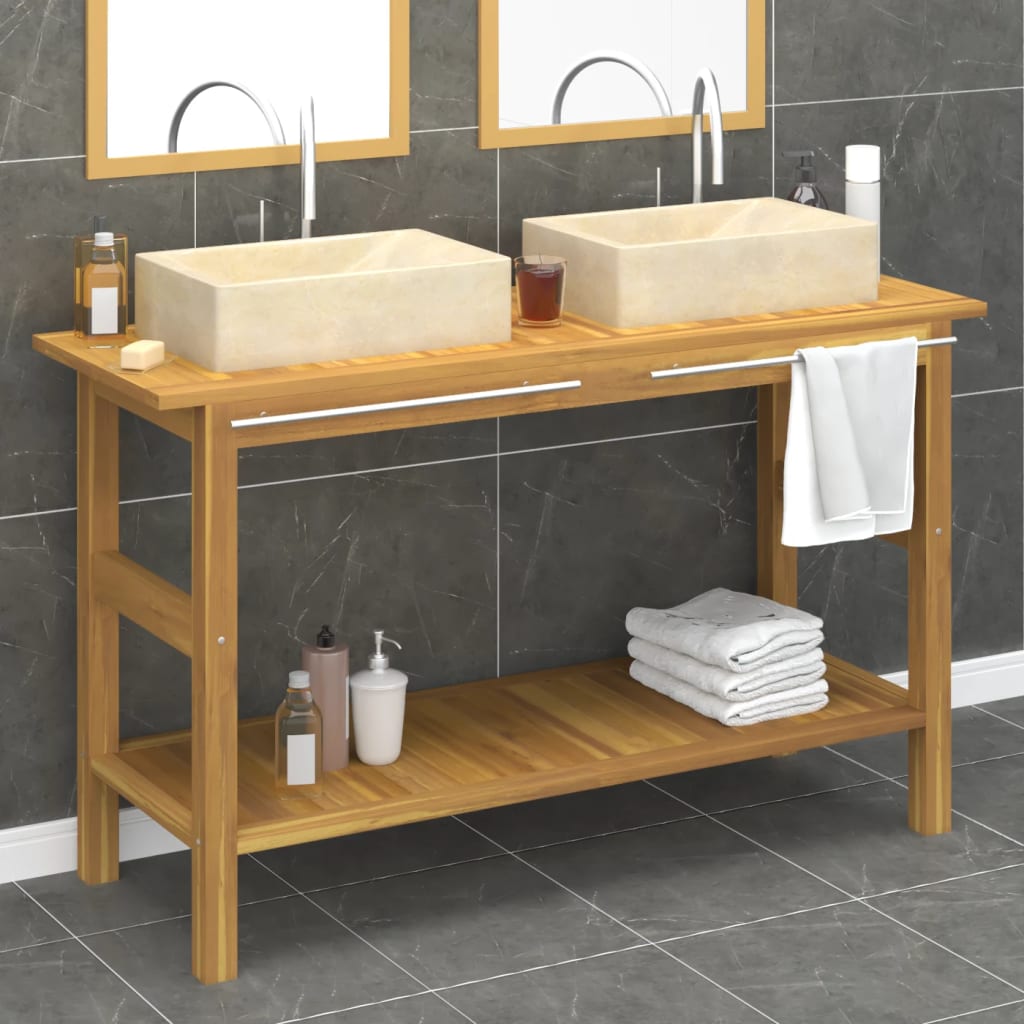 Wastafelkast met wasbakken massief teakhout marmer crèmekleurig is nu te koop bij PeponiXL, paradijselijk wonen!