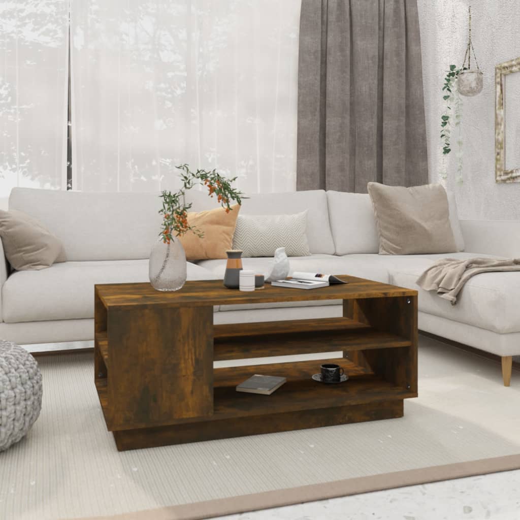 Salontafel 102x55x43 cm bewerkt hout gerookt eikenkleurig is nu te koop bij PeponiXL, paradijselijk wonen!