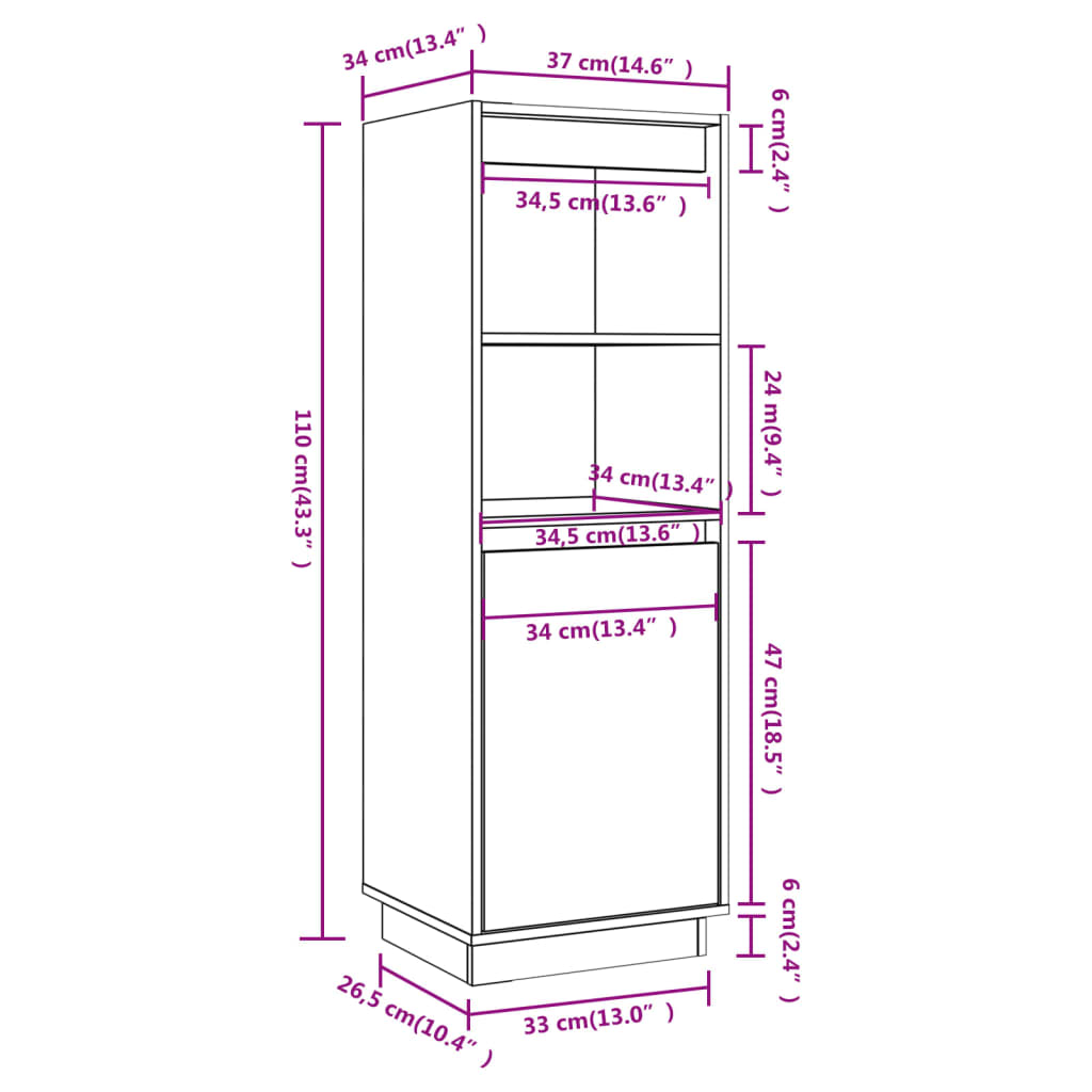 Hoge kast 37x34x110 cm massief grenenhout wit is nu te koop bij PeponiXL, paradijselijk wonen!