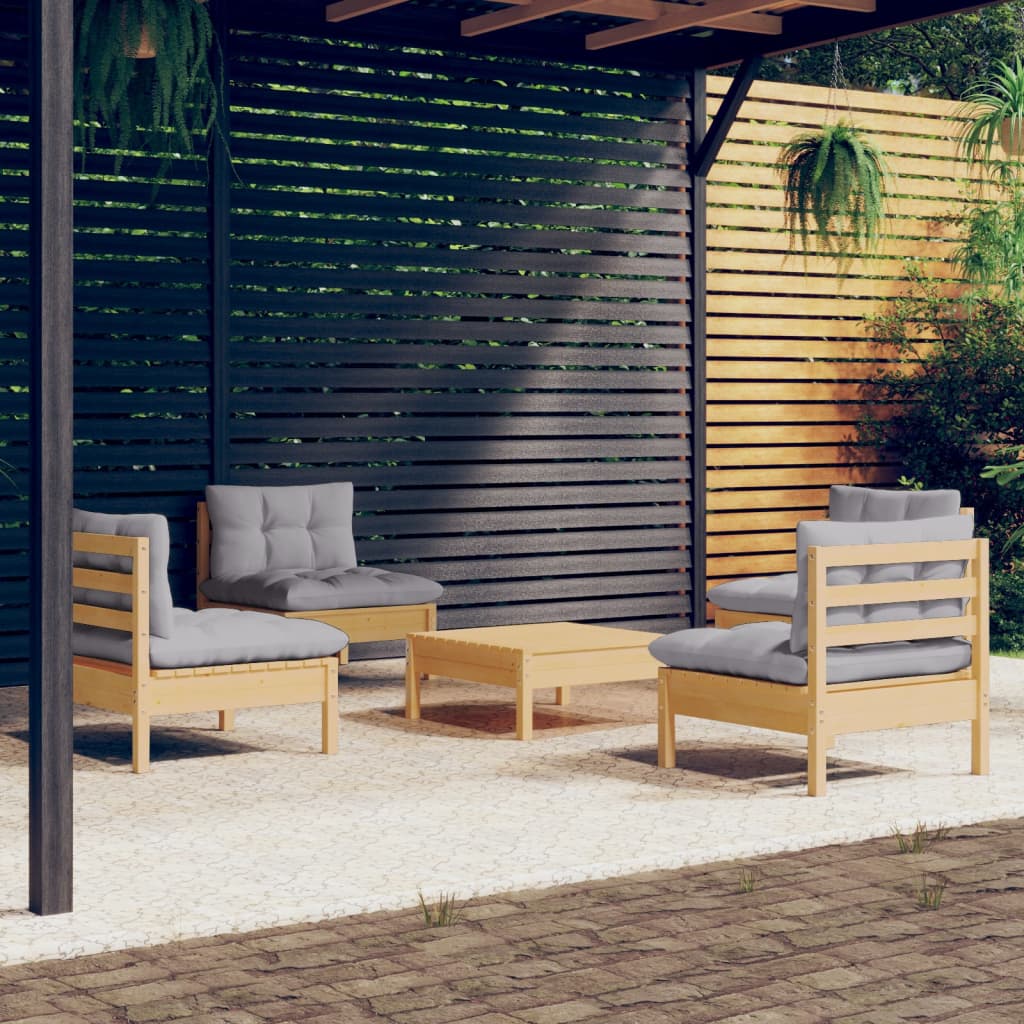 5-delige Loungeset met grijze kussens grenenhout is nu te koop bij PeponiXL, paradijselijk wonen!