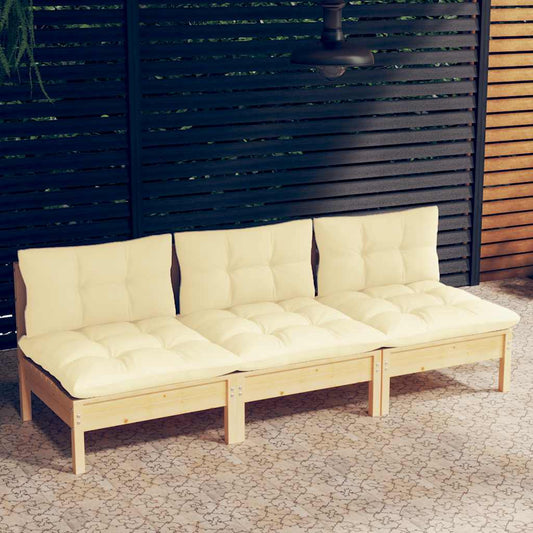 Tuinbank 3-zits met crèmekleurige kussens massief grenenhout is nu te koop bij PeponiXL, paradijselijk wonen!
