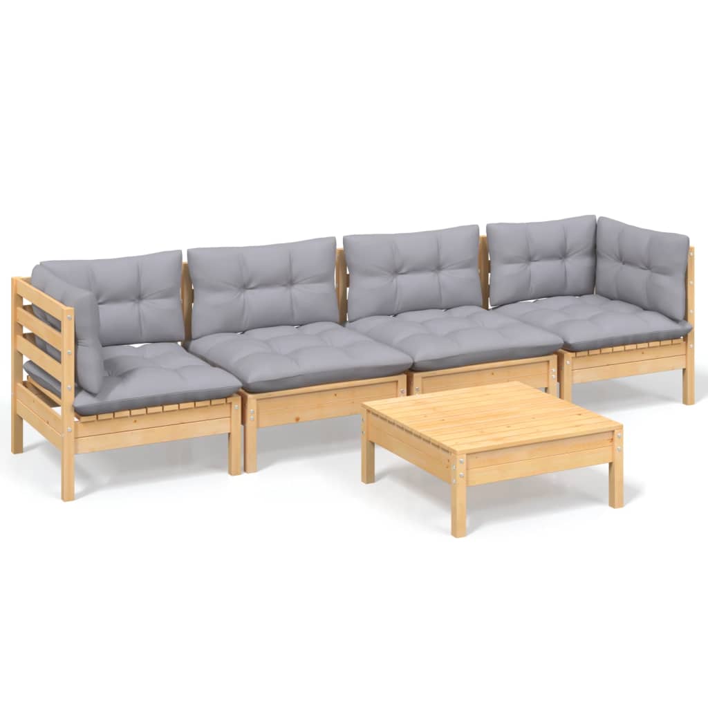 5-delige Loungeset met grijze kussens massief grenenhout is nu te koop bij PeponiXL, paradijselijk wonen!