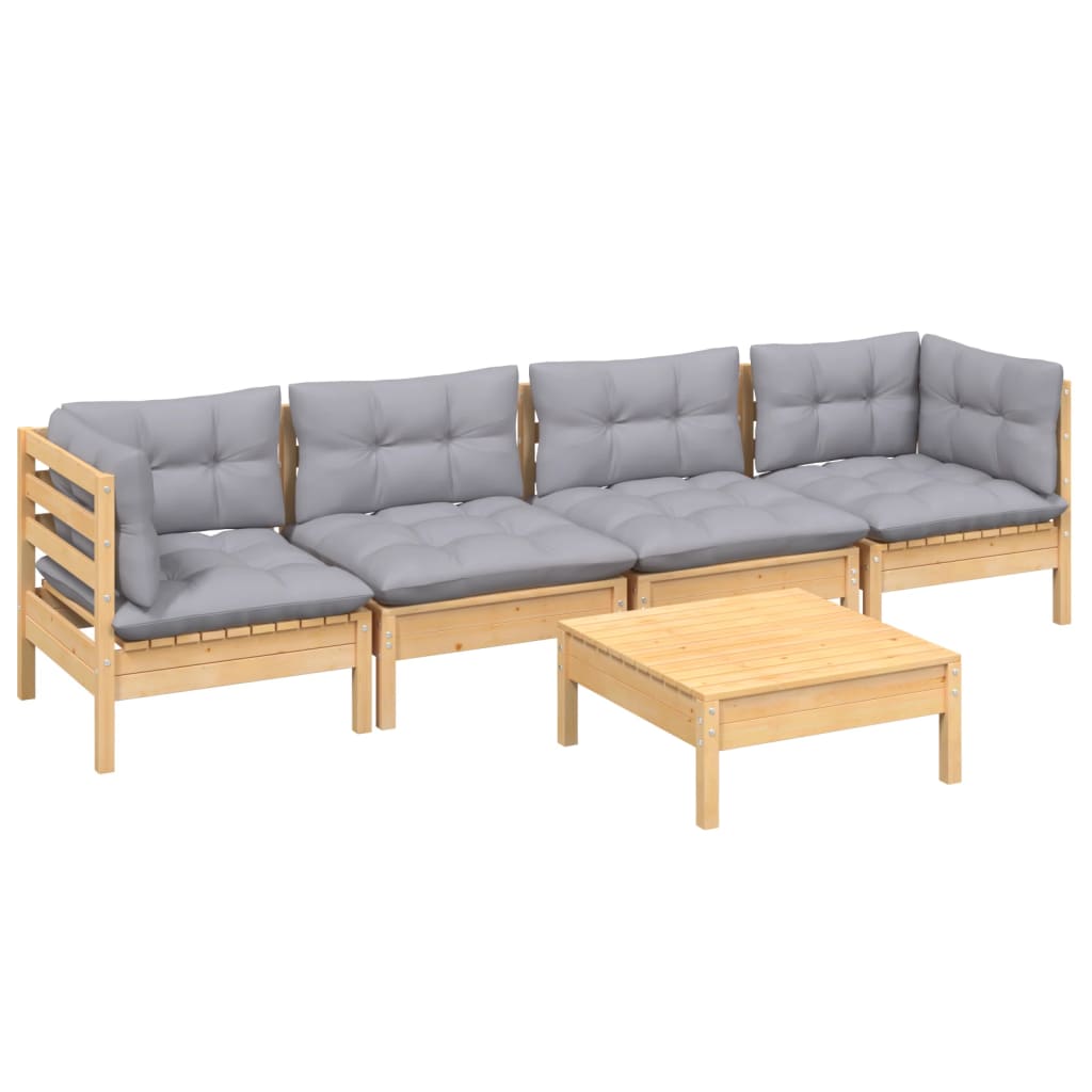 5-delige Loungeset met grijze kussens massief grenenhout is nu te koop bij PeponiXL, paradijselijk wonen!