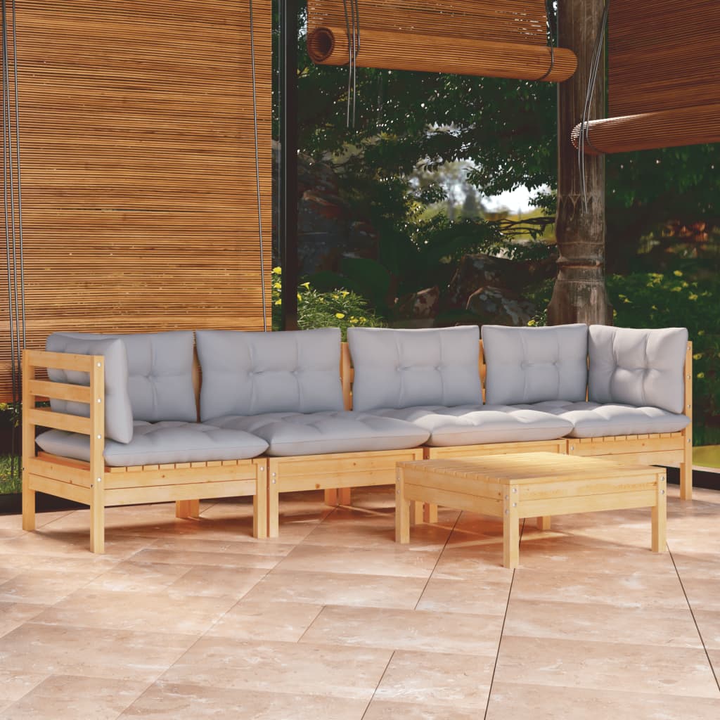 5-delige Loungeset met grijze kussens massief grenenhout is nu te koop bij PeponiXL, paradijselijk wonen!