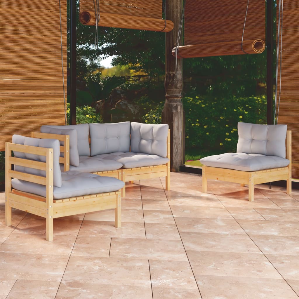 4-delige Loungeset met grijze kussens massief grenenhout is nu te koop bij PeponiXL, paradijselijk wonen!