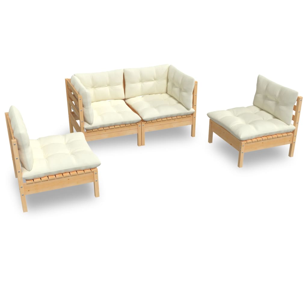 4-delige Loungeset met crèmekleurige kussens massief grenenhout is nu te koop bij PeponiXL, paradijselijk wonen!