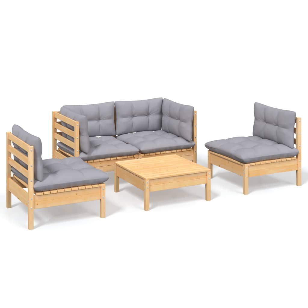 5-delige Loungeset met grijze kussens massief grenenhout is nu te koop bij PeponiXL, paradijselijk wonen!