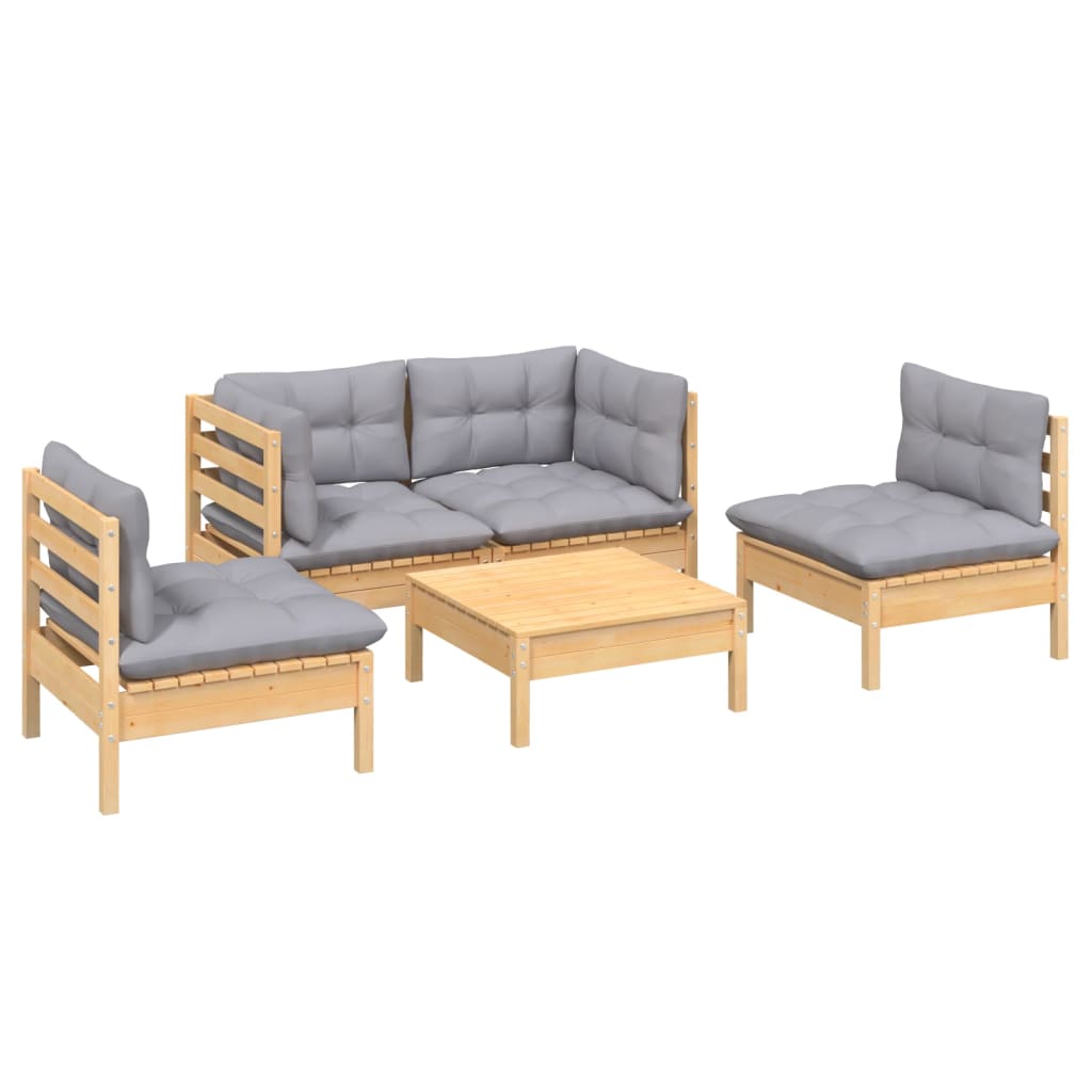5-delige Loungeset met grijze kussens massief grenenhout is nu te koop bij PeponiXL, paradijselijk wonen!