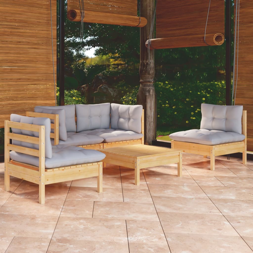 5-delige Loungeset met grijze kussens massief grenenhout is nu te koop bij PeponiXL, paradijselijk wonen!