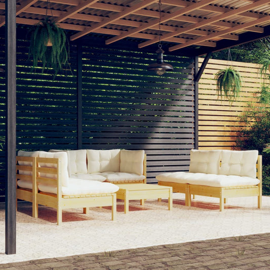 7-delige Loungeset met crèmekleurige kussens massief grenenhout is nu te koop bij PeponiXL, paradijselijk wonen!