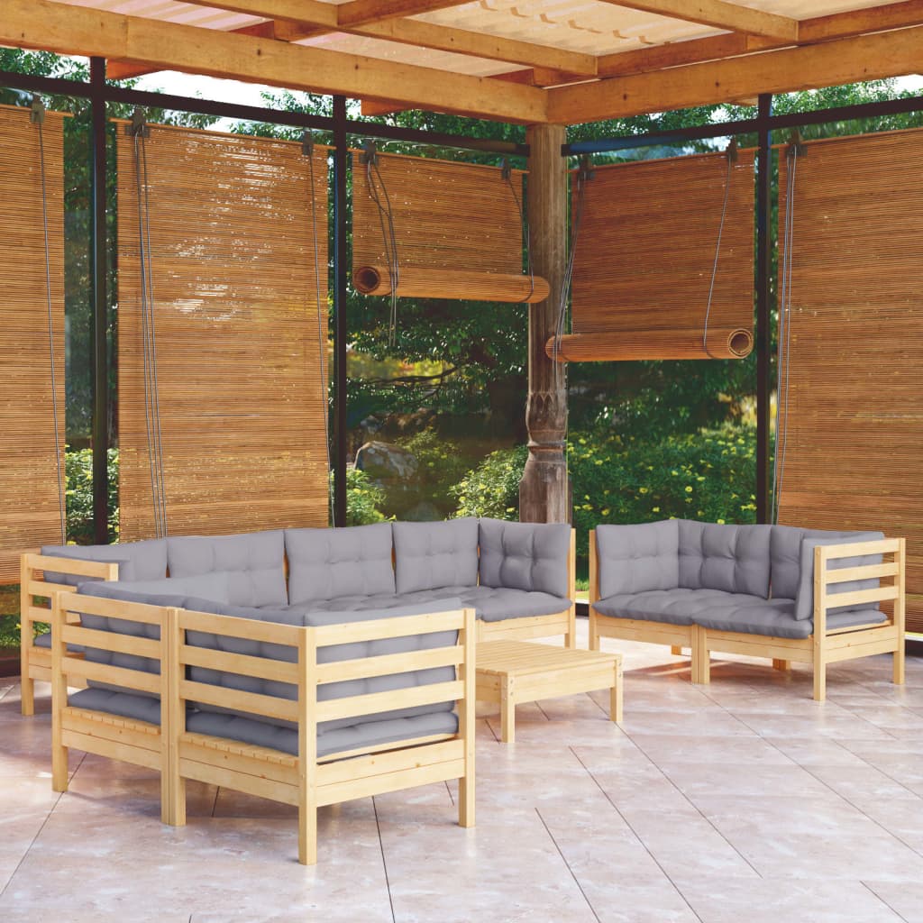 9-delige Loungeset met grijze kussens massief grenenhout is nu te koop bij PeponiXL, paradijselijk wonen!