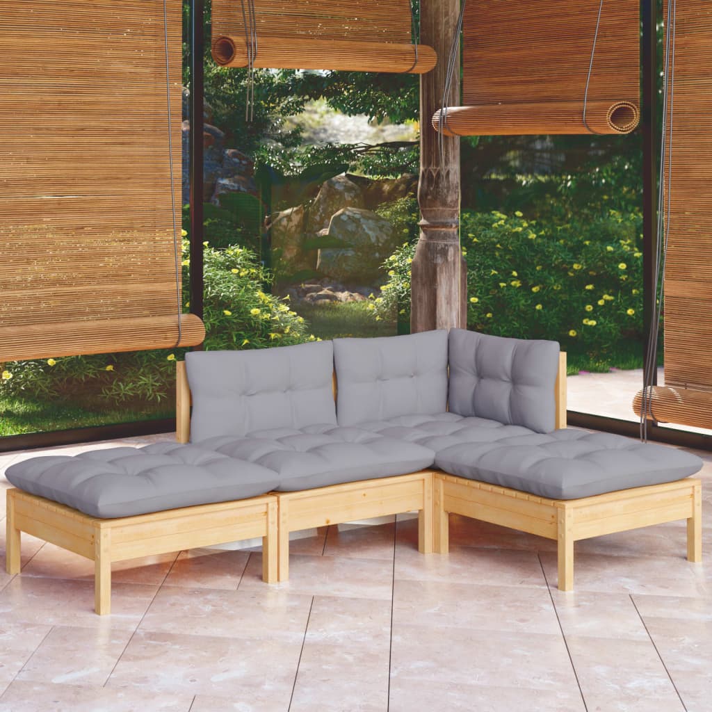 4-delige Loungeset met grijze kussens massief grenenhout is nu te koop bij PeponiXL, paradijselijk wonen!
