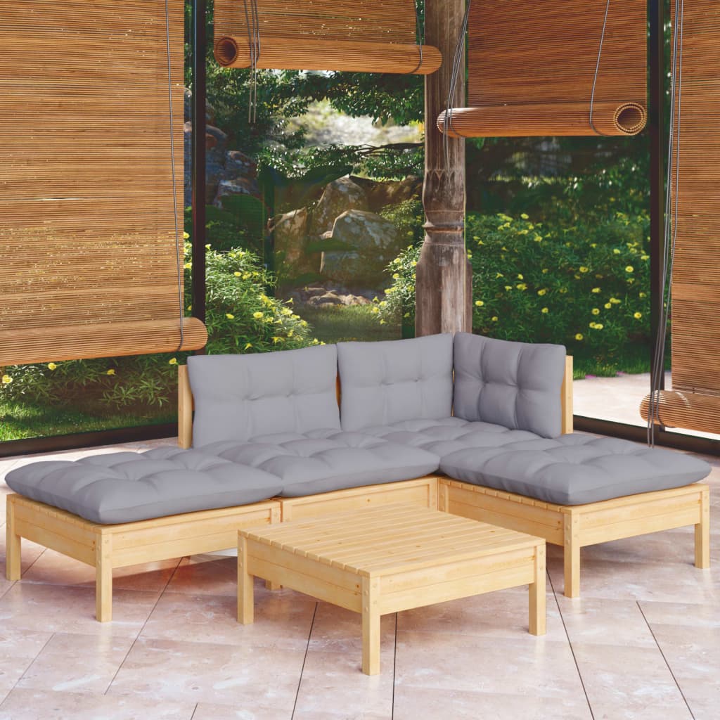 5-delige Loungeset met grijze kussens grenenhout is nu te koop bij PeponiXL, paradijselijk wonen!