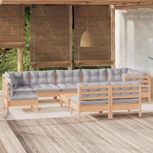 10-delige Loungeset met grijze kussens massief grenenhout is nu te koop bij PeponiXL, paradijselijk wonen!