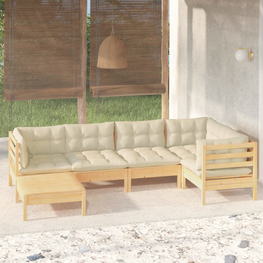 6-delige Loungeset met crèmekleurige kussens massief grenenhout is nu te koop bij PeponiXL, paradijselijk wonen!