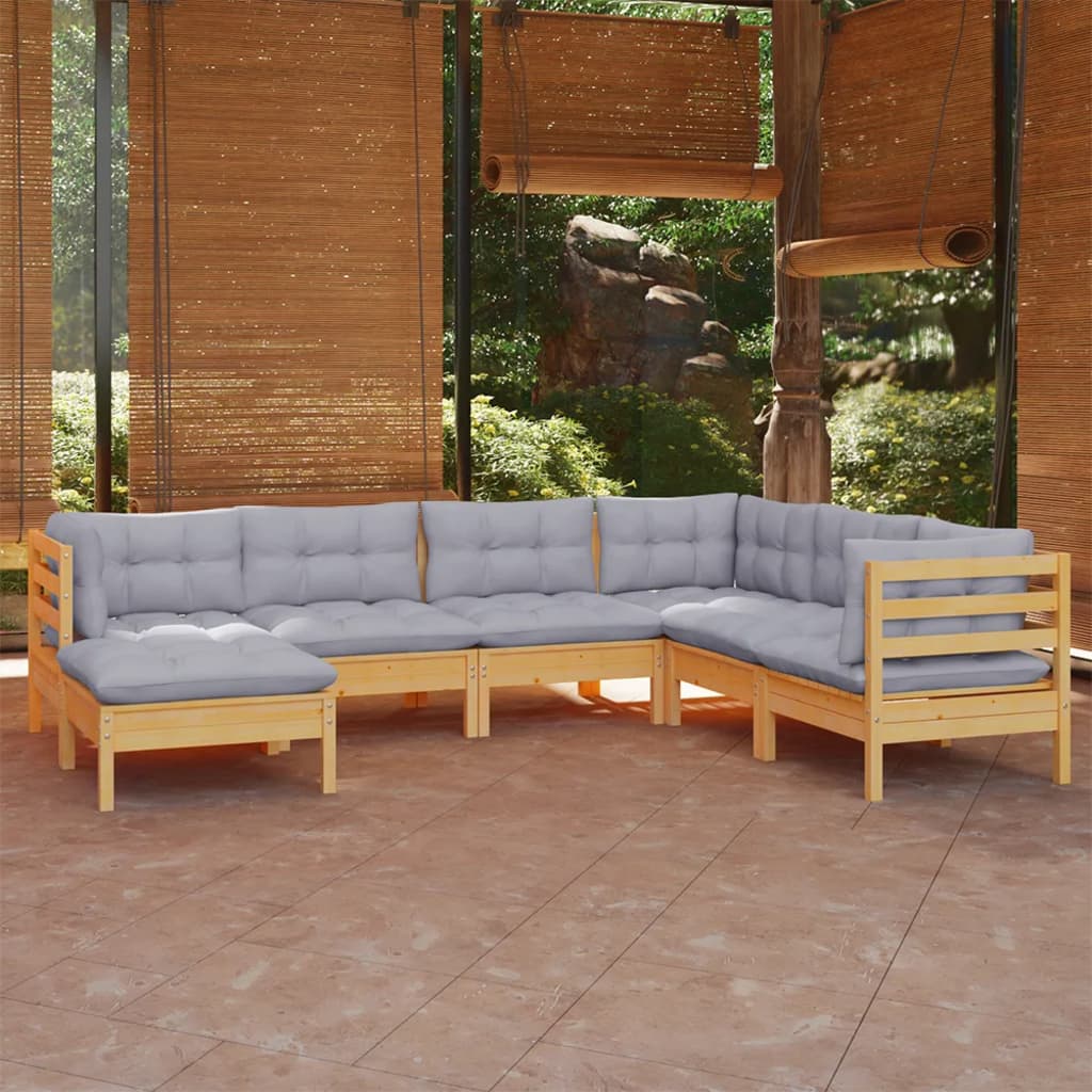 7-delige Loungeset met grijze kussens massief grenenhout is nu te koop bij PeponiXL, paradijselijk wonen!