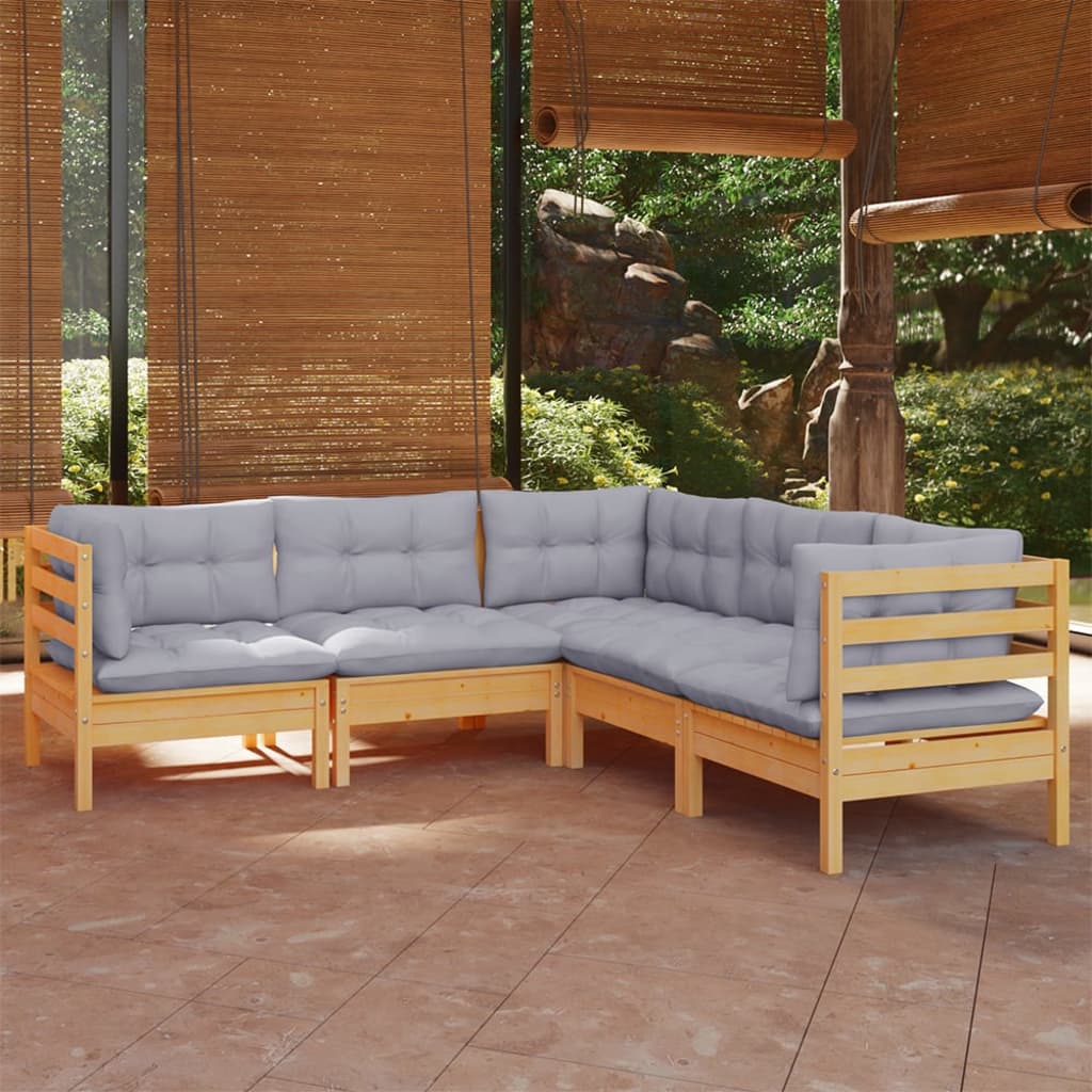 5-delige Loungeset met grijze kussens massief grenenhout is nu te koop bij PeponiXL, paradijselijk wonen!