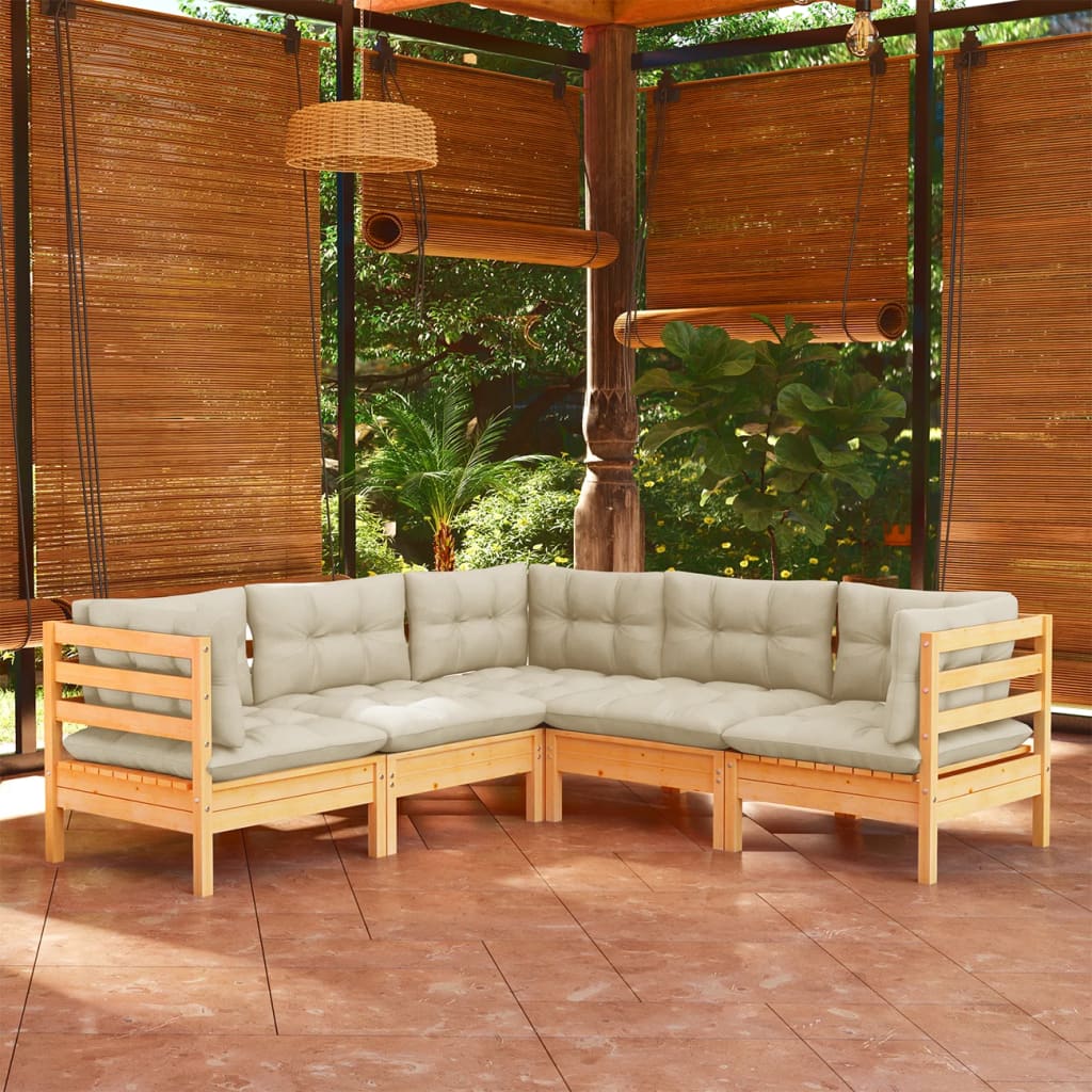 5-delige Loungeset met crèmekleurige kussens massief grenenhout is nu te koop bij PeponiXL, paradijselijk wonen!