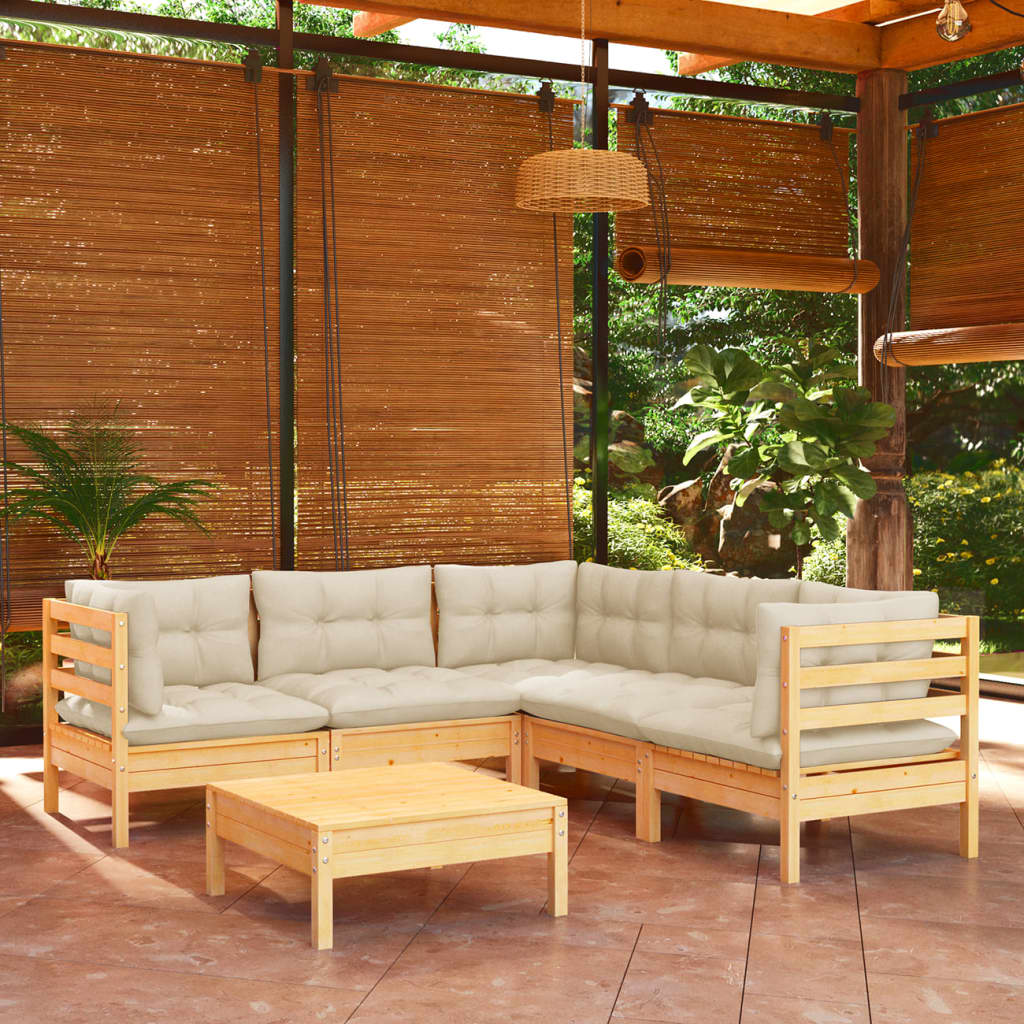 6-delige Loungeset met crèmekleurige kussens massief grenenhout is nu te koop bij PeponiXL, paradijselijk wonen!