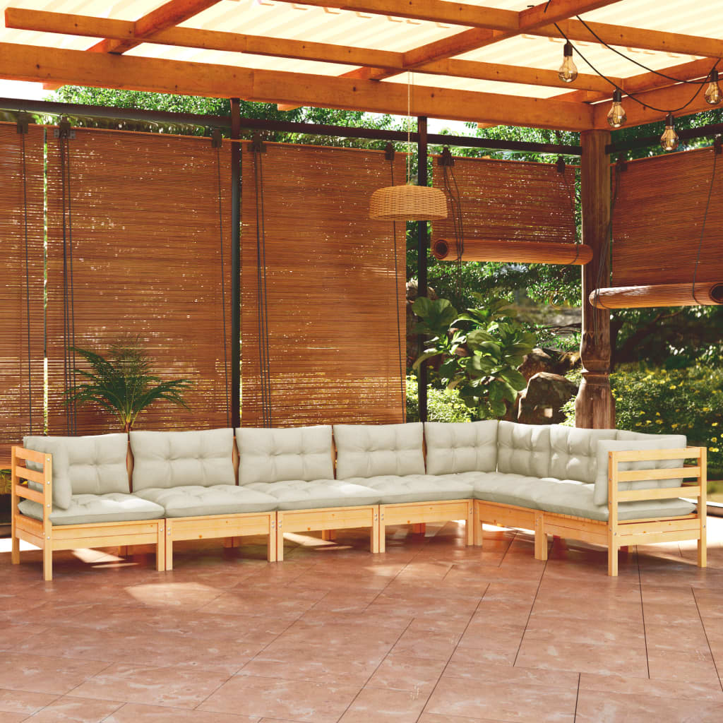 7-delige Loungeset met crèmekleurige kussens massief grenenhout is nu te koop bij PeponiXL, paradijselijk wonen!