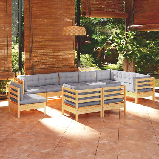 10-delige Loungeset met grijze kussens massief grenenhout is nu te koop bij PeponiXL, paradijselijk wonen!