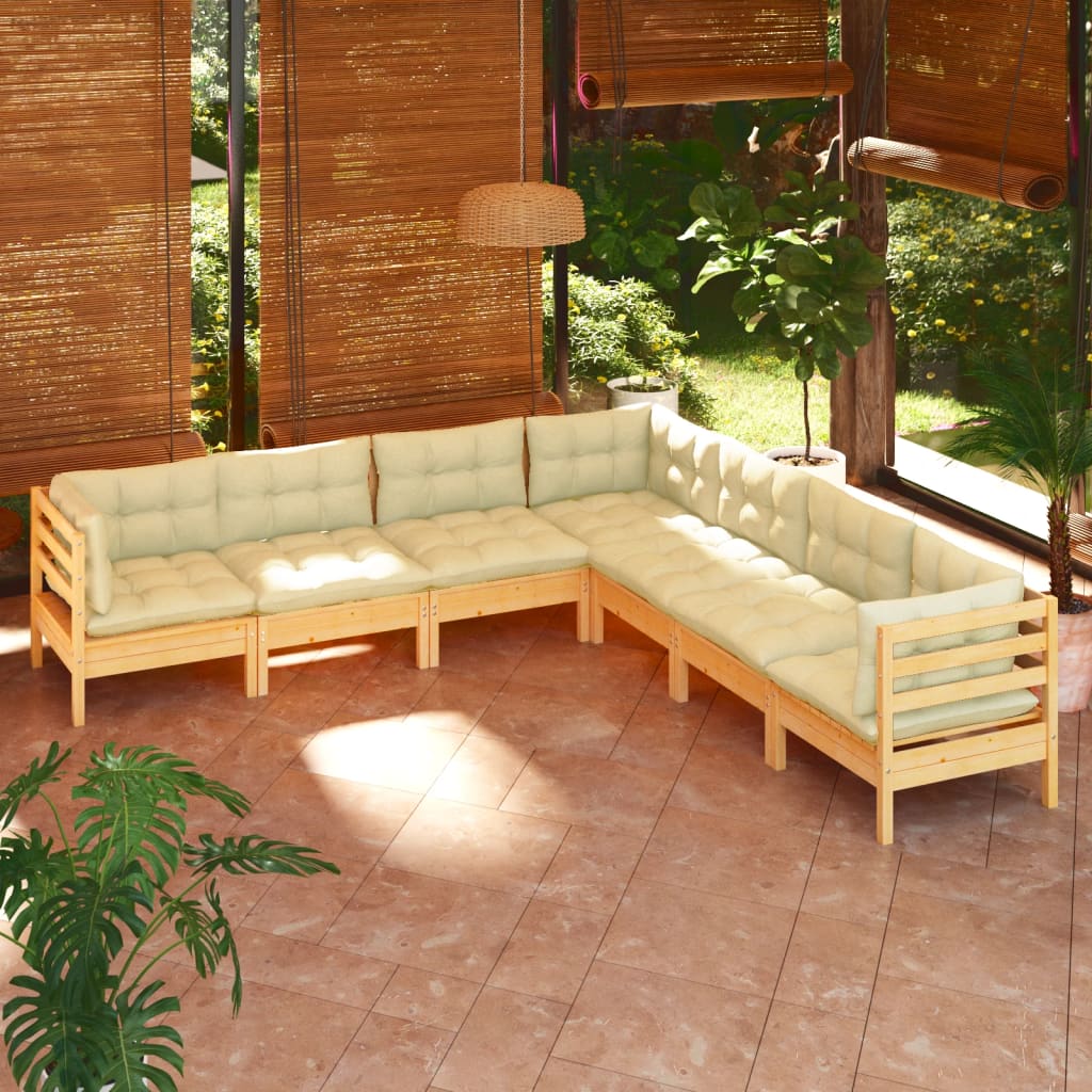 7-delige Loungeset met crèmekleurige kussens massief grenenhout is nu te koop bij PeponiXL, paradijselijk wonen!