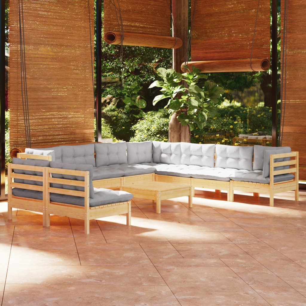 10-delige Loungeset met grijze kussens massief grenenhout is nu te koop bij PeponiXL, paradijselijk wonen!